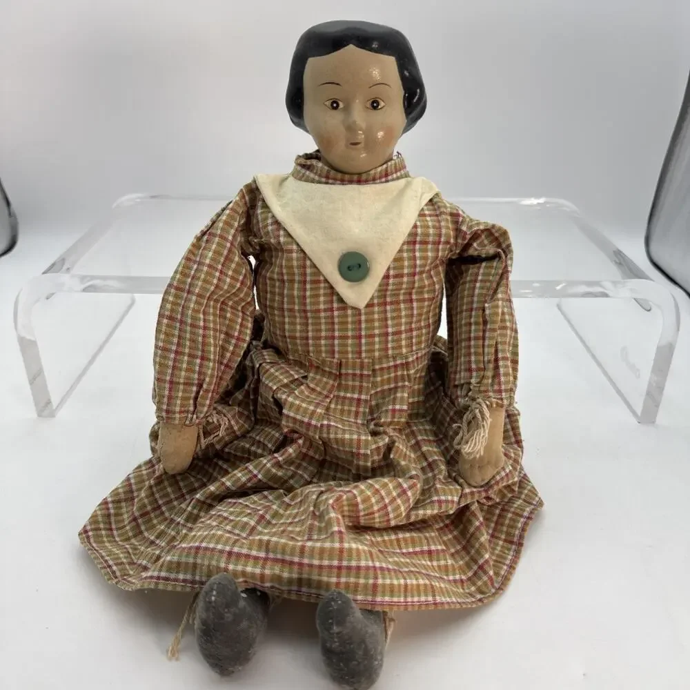Greiner Reproduction Rag Doll With Papier-Mâché Head -Dress Marked K&K Interiors